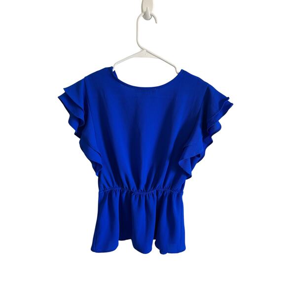 Monteau Women's Medium Blue Faux Wrap Ruffle Short Sleeve V-Neck Blouse - Picture 6 of 10
